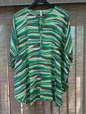 Vix Green and Brown Striped Tie-Neck Tunic